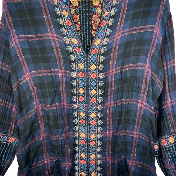 Johnny Was Blue Plaid Embroidered Boho Gauze Cotton Blend Vika Paris Blouse M - Picture 3 of 8